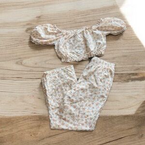 AMERICAN EAGLE Linen Blend Wide Leg Floral Pants/ Off The Shoulder Blouse MEDIUM